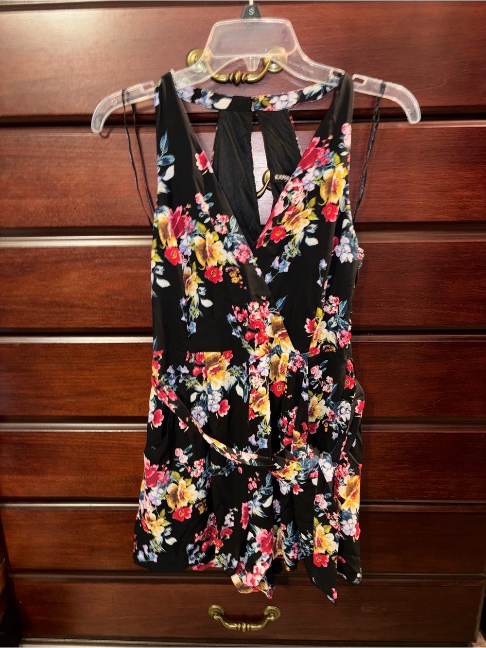 Express Black Floral Sleeveless Romper with Pink, Yellow & Blue Flowers